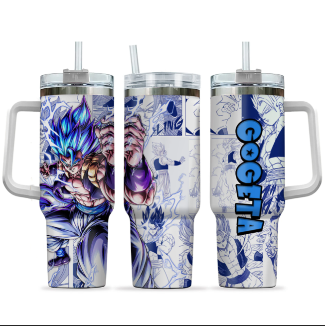 [HIKISTREET] Gogeta Dragon Ball 40oz Tumbler with Handle and Straw, Stainless Steel Vacuum Insulated Cup, Dragon Ball Design, Anime Merch, Anime Tumbler