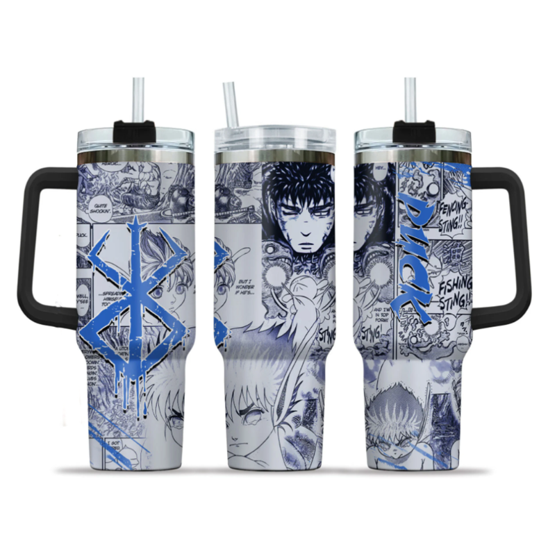 [HIKISTREET] Puck Berserk 40oz Tumbler with Handle and Straw, Stainless Steel Vacuum Insulated Cup, Berserk Design, Anime Merch, Anime Tumbler