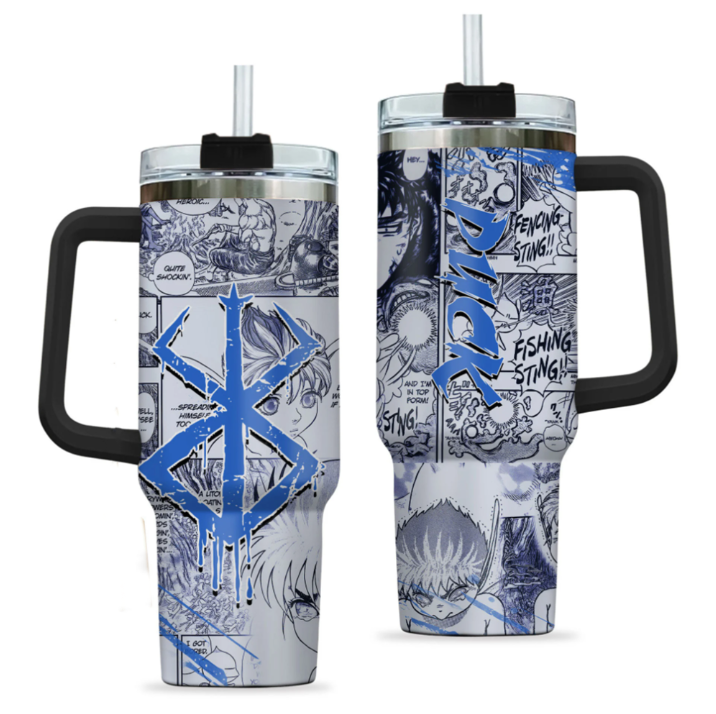 [HIKISTREET] Puck Berserk 40oz Tumbler with Handle and Straw, Stainless Steel Vacuum Insulated Cup, Berserk Design, Anime Merch, Anime Tumbler