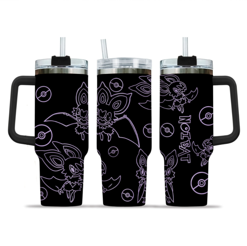 [HIKISTREET] Noibat Pokemon 40oz Tumbler with Handle and Straw, Stainless Steel Vacuum Insulated Cup, Pocket Monster Design, Anime Merch, Anime Tumbler