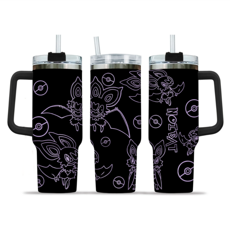 [HIKISTREET] Noibat Pokemon 40oz Tumbler with Handle and Straw, Stainless Steel Vacuum Insulated Cup, Pocket Monster Design, Anime Merch, Anime Tumbler