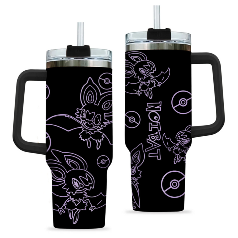 [HIKISTREET] Noibat Pokemon 40oz Tumbler with Handle and Straw, Stainless Steel Vacuum Insulated Cup, Pocket Monster Design, Anime Merch, Anime Tumbler