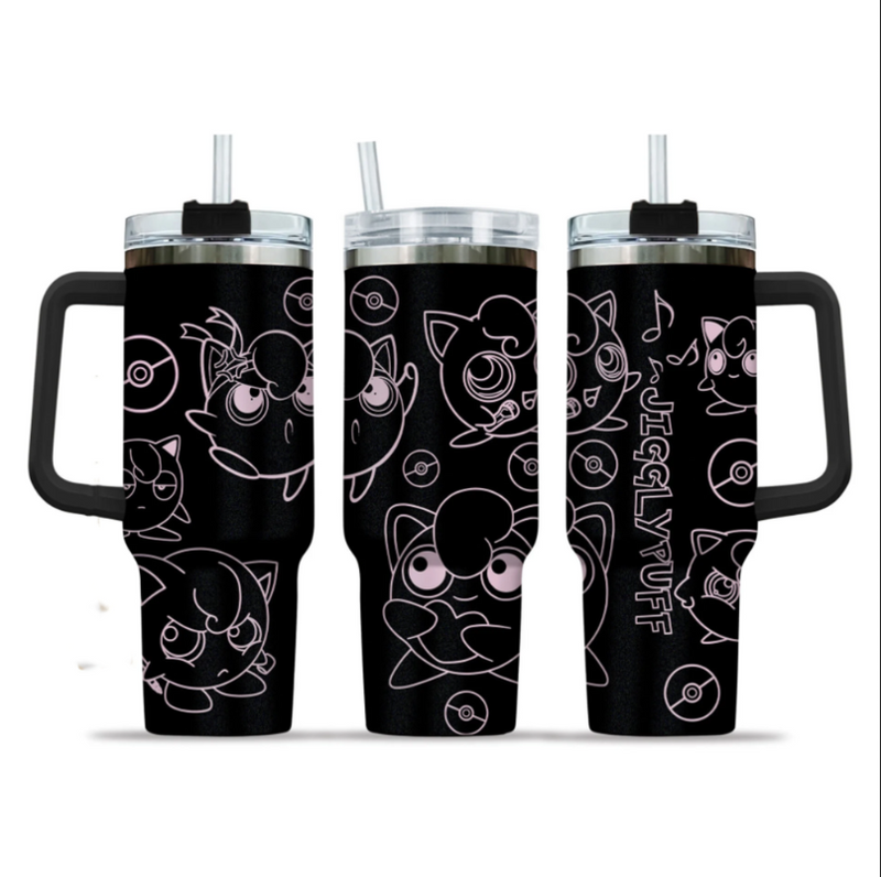 [HIKISTREET] Jigglypuff Pokemon 40oz Tumbler with Handle and Straw, Stainless Steel Vacuum Insulated Cup, Pocket Monster Design, Anime Merch, Anime Tumbler