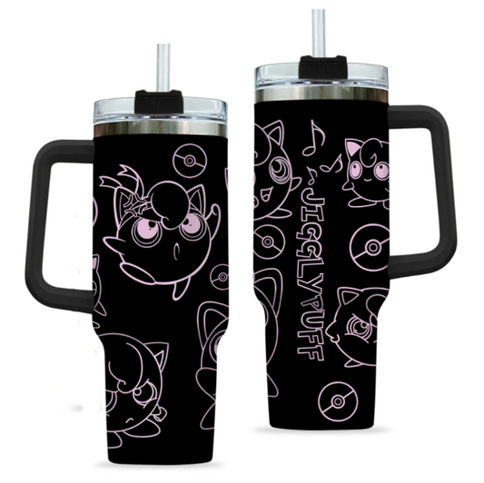 [HIKISTREET] Jigglypuff Pokemon 40oz Tumbler with Handle and Straw, Stainless Steel Vacuum Insulated Cup, Pocket Monster Design, Anime Merch, Anime Tumbler