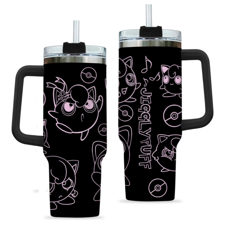 [HIKISTREET] Jigglypuff Pokemon 40oz Tumbler with Handle and Straw, Stainless Steel Vacuum Insulated Cup, Pocket Monster Design, Anime Merch, Anime Tumbler