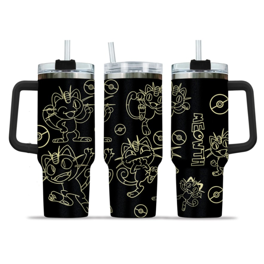 [HIKISTREET] Meowth Pokemon 40oz Tumbler with Handle and Straw, Stainless Steel Vacuum Insulated Cup, Pocket Monster Design, Anime Merch, Anime Tumbler