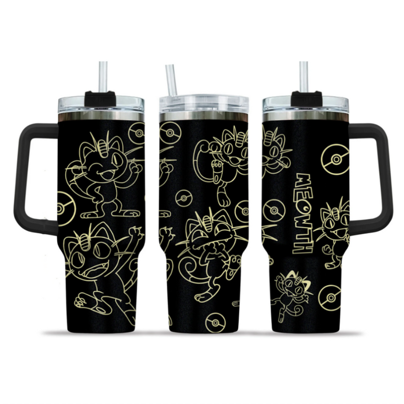 [HIKISTREET] Meowth Pokemon 40oz Tumbler with Handle and Straw, Stainless Steel Vacuum Insulated Cup, Pocket Monster Design, Anime Merch, Anime Tumbler
