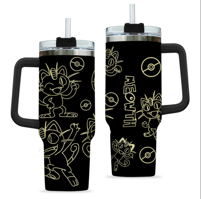 [HIKISTREET] Meowth Pokemon 40oz Tumbler with Handle and Straw, Stainless Steel Vacuum Insulated Cup, Pocket Monster Design, Anime Merch, Anime Tumbler