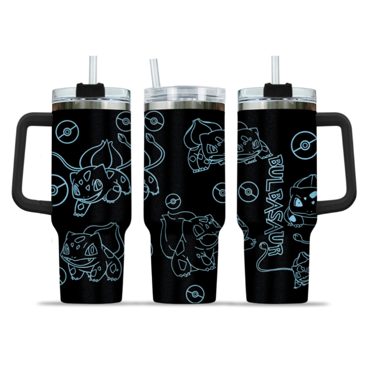 [HIKISTREET] Bulbasaur Pokemon 40oz Tumbler with Handle and Straw, Stainless Steel Vacuum Insulated Cup, Pocket Monster Design, Anime Merch, Anime Tumbler