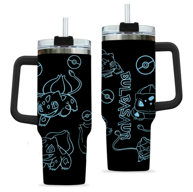 [HIKISTREET] Bulbasaur Pokemon 40oz Tumbler with Handle and Straw, Stainless Steel Vacuum Insulated Cup, Pocket Monster Design, Anime Merch, Anime Tumbler