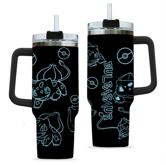[HIKISTREET] Bulbasaur Pokemon 40oz Tumbler with Handle and Straw, Stainless Steel Vacuum Insulated Cup, Pocket Monster Design, Anime Merch, Anime Tumbler