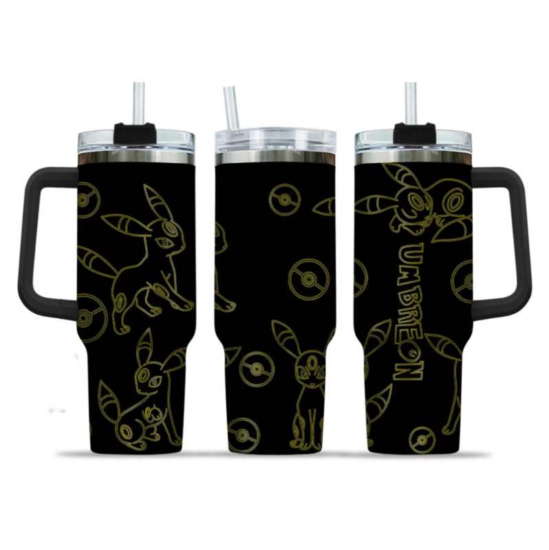 [HIKISTREET] Umbreon Pokemon 40oz Tumbler with Handle and Straw, Stainless Steel Vacuum Insulated Cup, Pocket Monster Design, Anime Merch, Anime Tumbler