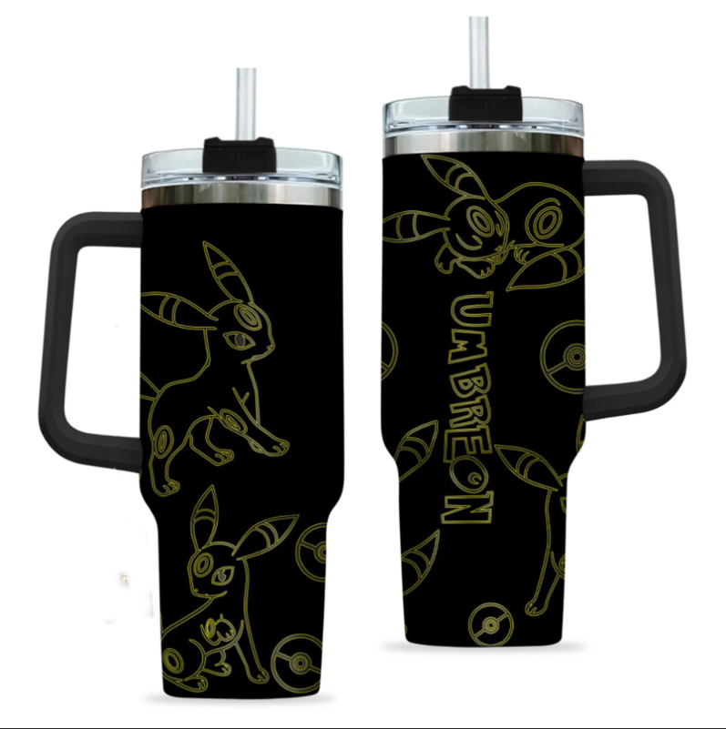 [HIKISTREET] Umbreon Pokemon 40oz Tumbler with Handle and Straw, Stainless Steel Vacuum Insulated Cup, Pocket Monster Design, Anime Merch, Anime Tumbler