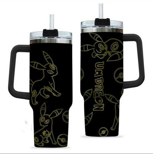 [HIKISTREET] Umbreon Pokemon 40oz Tumbler with Handle and Straw, Stainless Steel Vacuum Insulated Cup, Pocket Monster Design, Anime Merch, Anime Tumbler