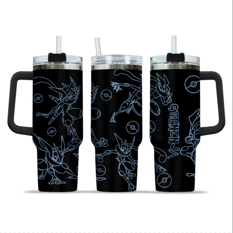 [HIKISTREET] Greninja Pokemon 40oz Tumbler with Handle and Straw, Stainless Steel Vacuum Insulated Cup, Pocket Monster Design, Anime Merch, Anime Tumbler