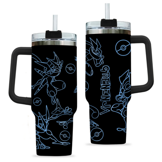 [HIKISTREET] Greninja Pokemon 40oz Tumbler with Handle and Straw, Stainless Steel Vacuum Insulated Cup, Pocket Monster Design, Anime Merch, Anime Tumbler