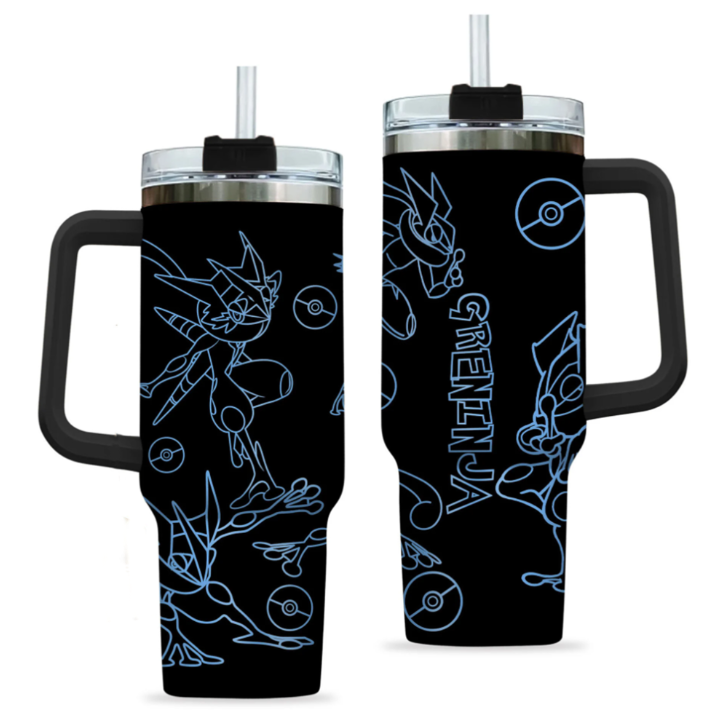 [HIKISTREET] Greninja Pokemon 40oz Tumbler with Handle and Straw, Stainless Steel Vacuum Insulated Cup, Pocket Monster Design, Anime Merch, Anime Tumbler