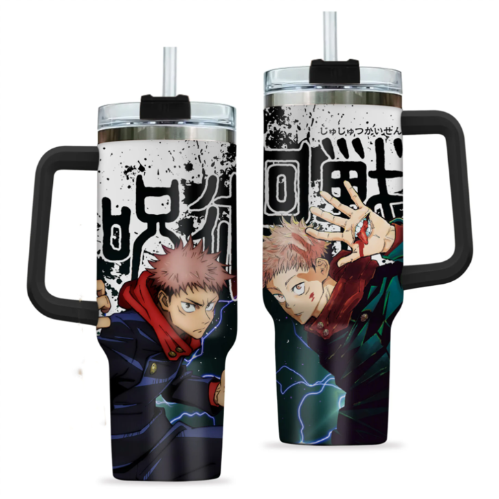 [HIKISTREET] Yuji Itadori Jujutsu Kaisen 40oz Tumbler with Handle and Straw, Stainless Steel Vacuum Insulated Cup, Jujutsu Kaisen Design, Anime Merch, Anime Tumbler