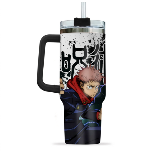 [HIKISTREET] Yuji Itadori Jujutsu Kaisen 40oz Tumbler with Handle and Straw, Stainless Steel Vacuum Insulated Cup, Jujutsu Kaisen Design, Anime Merch, Anime Tumbler