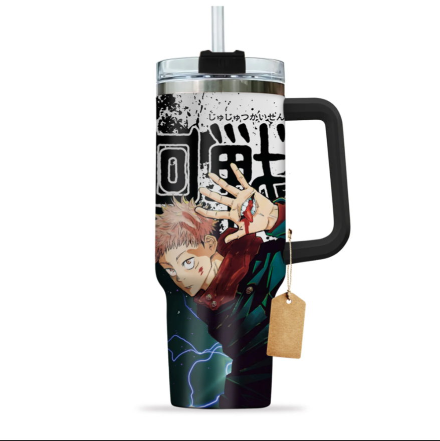 [HIKISTREET] Yuji Itadori Jujutsu Kaisen 40oz Tumbler with Handle and Straw, Stainless Steel Vacuum Insulated Cup, Jujutsu Kaisen Design, Anime Merch, Anime Tumbler
