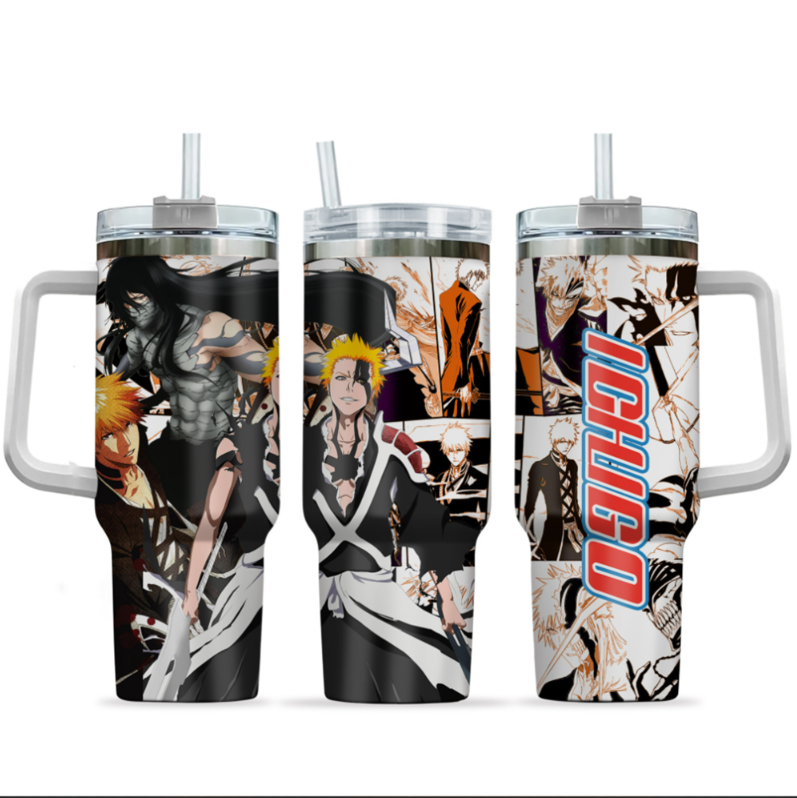 [HIKISTREET] Ichigo Kurosaki Bleach 40oz Tumbler with Handle and Straw, Stainless Steel Vacuum Insulated Cup, Bleach Design, Anime Merch, Anime Tumbler