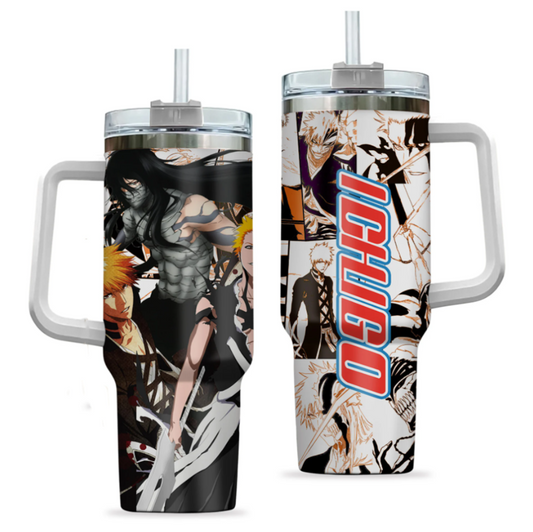 [HIKISTREET] Ichigo Kurosaki Bleach 40oz Tumbler with Handle and Straw, Stainless Steel Vacuum Insulated Cup, Bleach Design, Anime Merch, Anime Tumbler