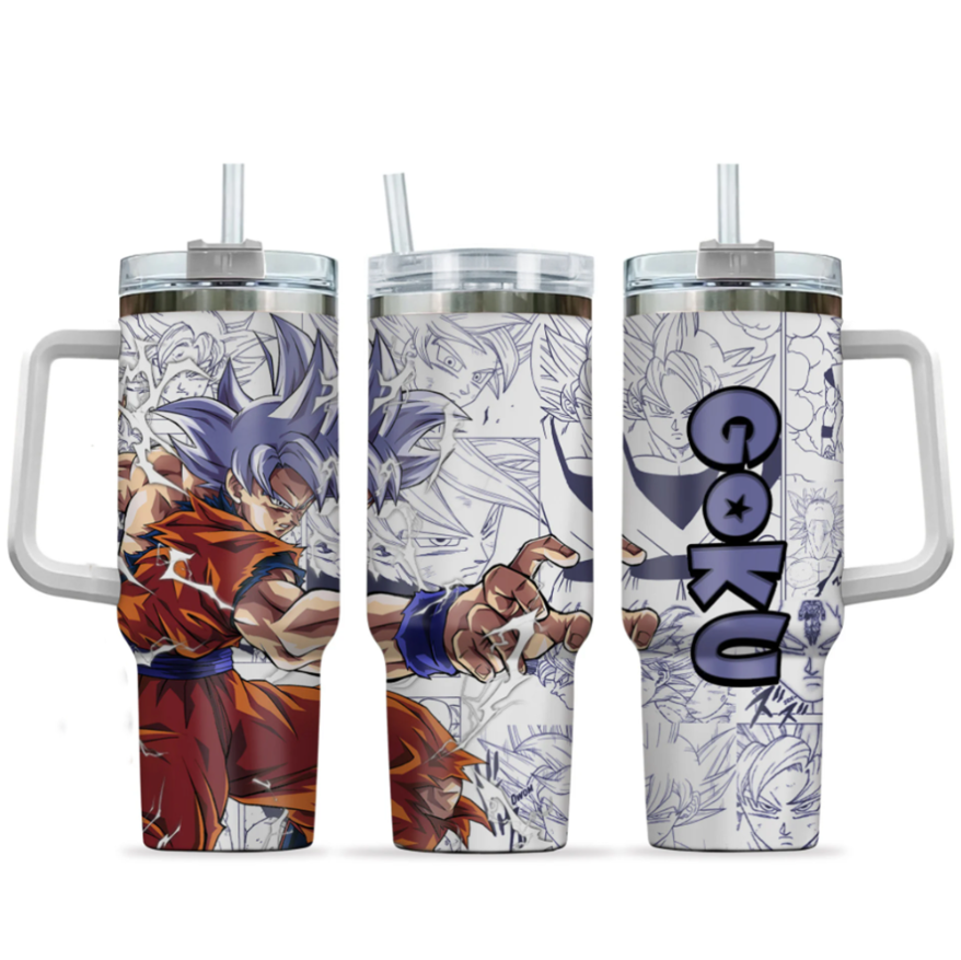 [HIKISTREET] Goku Ultra Instinct Dragon Ball 40oz Tumbler with Handle and Straw, Stainless Steel Vacuum Insulated Cup, Dragon Ball Design, Anime Merch, Anime Tumbler