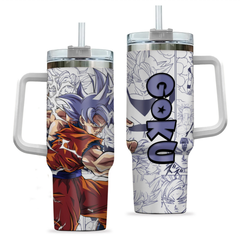 [HIKISTREET] Goku Ultra Instinct Dragon Ball 40oz Tumbler with Handle and Straw, Stainless Steel Vacuum Insulated Cup, Dragon Ball Design, Anime Merch, Anime Tumbler