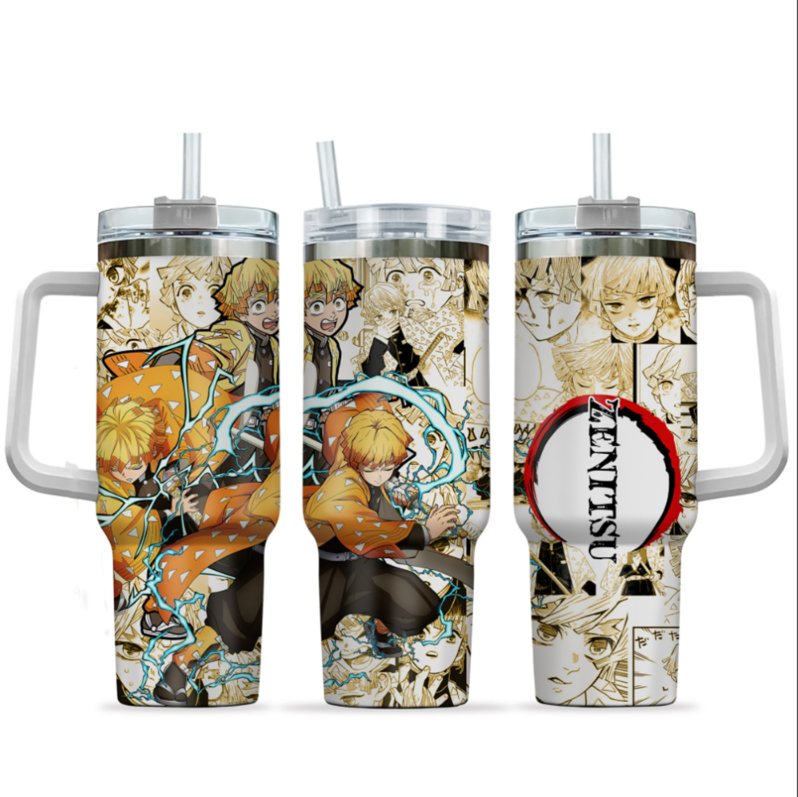 [HIKISTREET] Zenitsu Agatsuma Demon Slayer 40oz Tumbler with Handle and Straw, Stainless Steel Vacuum Insulated Cup, Demon Slayer Design, Anime Merch, Anime Tumbler