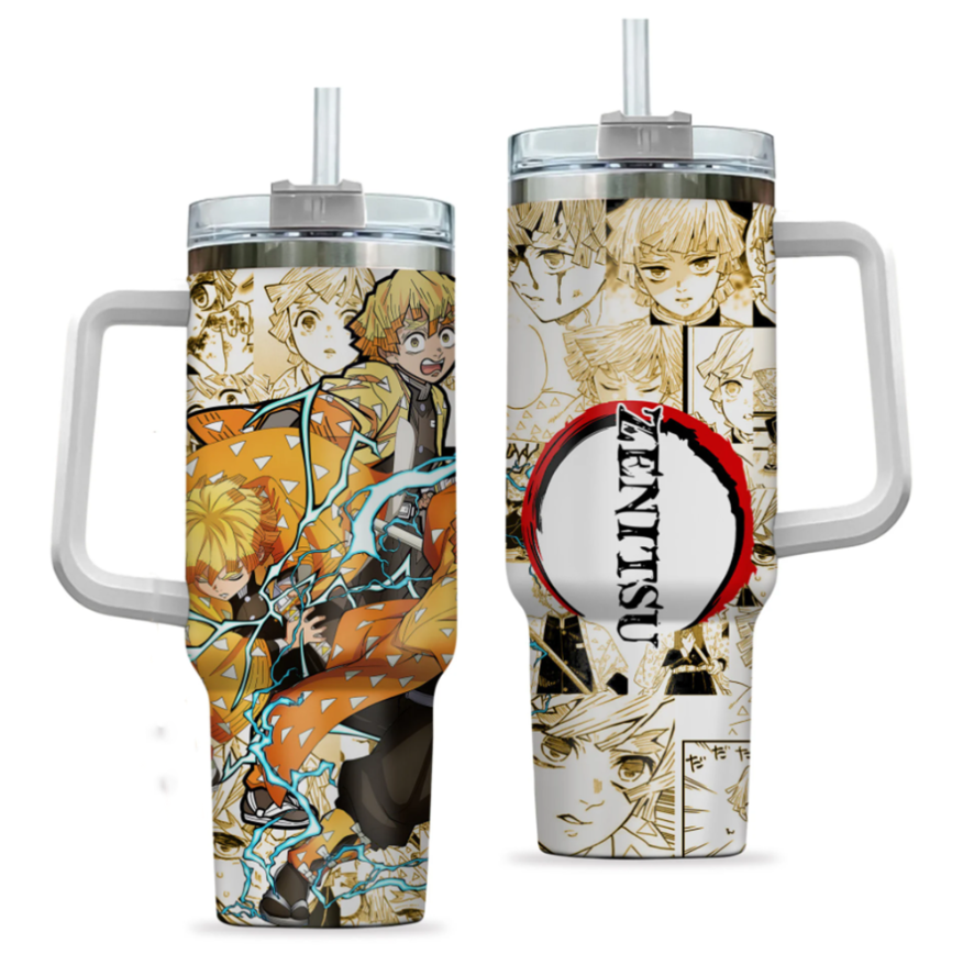 [HIKISTREET] Zenitsu Agatsuma Demon Slayer 40oz Tumbler with Handle and Straw, Stainless Steel Vacuum Insulated Cup, Demon Slayer Design, Anime Merch, Anime Tumbler