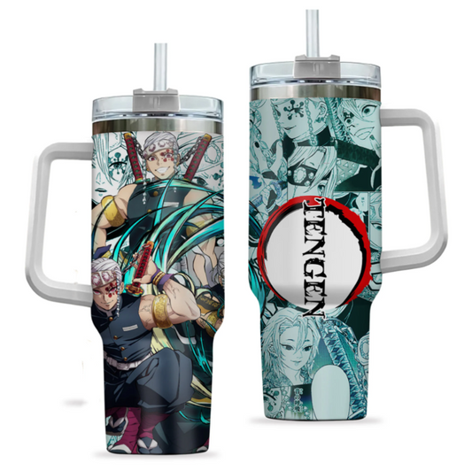 [HIKISTREET] Tengen Uzui Demon Slayer 40oz Tumbler with Handle and Straw, Stainless Steel Vacuum Insulated Cup, Demon Slayer Design, Anime Merch, Anime Tumbler