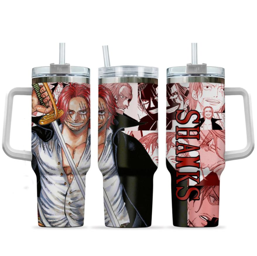[HIKISTREET] Shanks One Piece 40oz Tumbler with Handle and Straw, Stainless Steel Vacuum Insulated Cup, One Piece Design, Anime Merch, Anime Tumbler