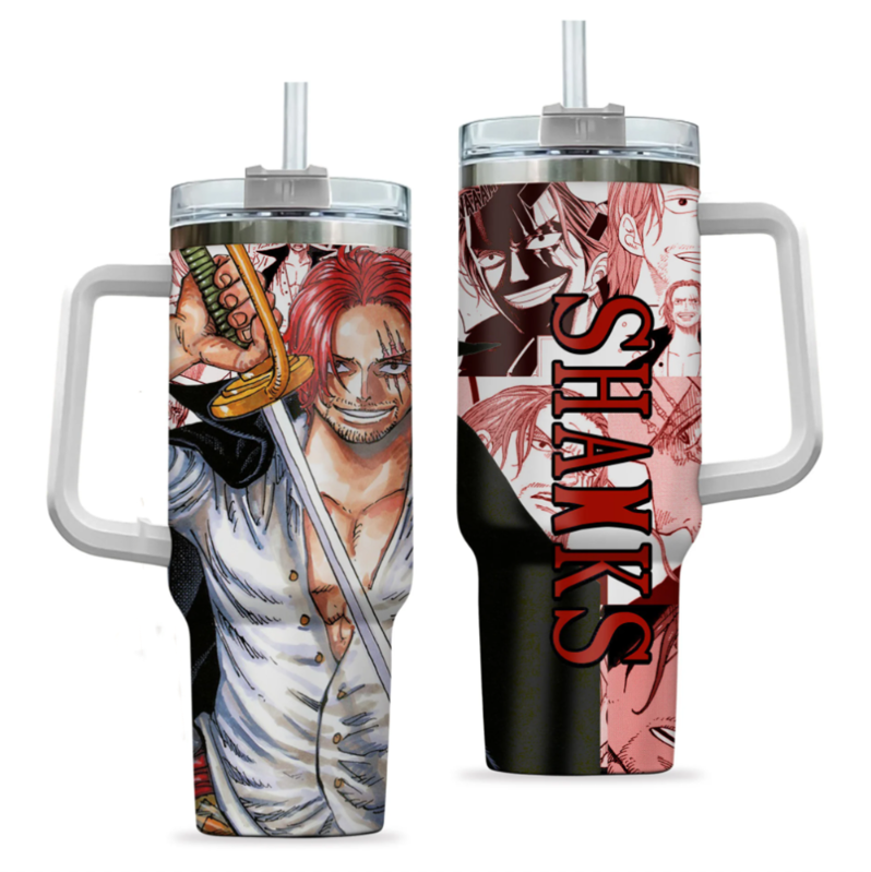 [HIKISTREET] Shanks One Piece 40oz Tumbler with Handle and Straw, Stainless Steel Vacuum Insulated Cup, One Piece Design, Anime Merch, Anime Tumbler