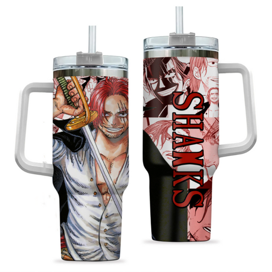 [HIKISTREET] Shanks One Piece 40oz Tumbler with Handle and Straw, Stainless Steel Vacuum Insulated Cup, One Piece Design, Anime Merch, Anime Tumbler