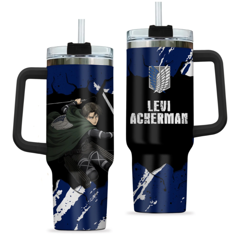 [HIKISTREET] Levi Ackerman Attack On Titan 40oz Tumbler with Handle and Straw, Stainless Steel Vacuum Insulated Cup, Attack On Titan Design, Anime Merch, Anime Tumbler