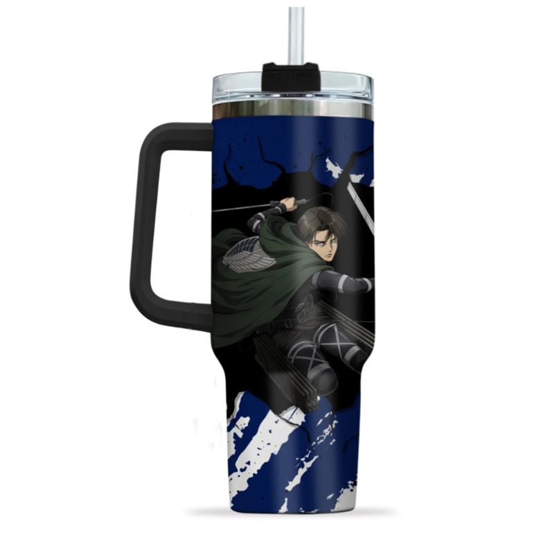 [HIKISTREET] Levi Ackerman Attack On Titan 40oz Tumbler with Handle and Straw, Stainless Steel Vacuum Insulated Cup, Attack On Titan Design, Anime Merch, Anime Tumbler