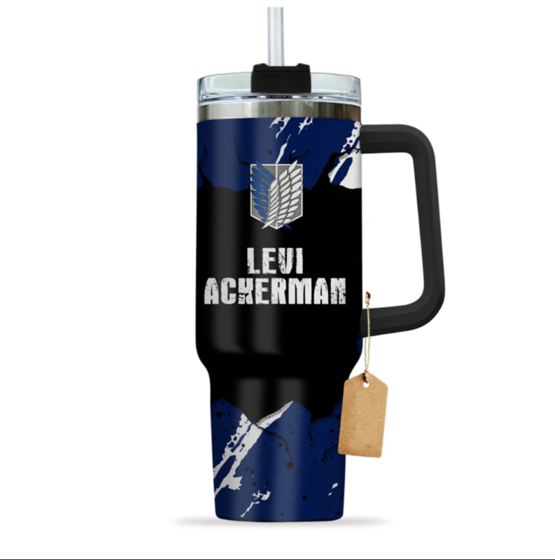 [HIKISTREET] Levi Ackerman Attack On Titan 40oz Tumbler with Handle and Straw, Stainless Steel Vacuum Insulated Cup, Attack On Titan Design, Anime Merch, Anime Tumbler