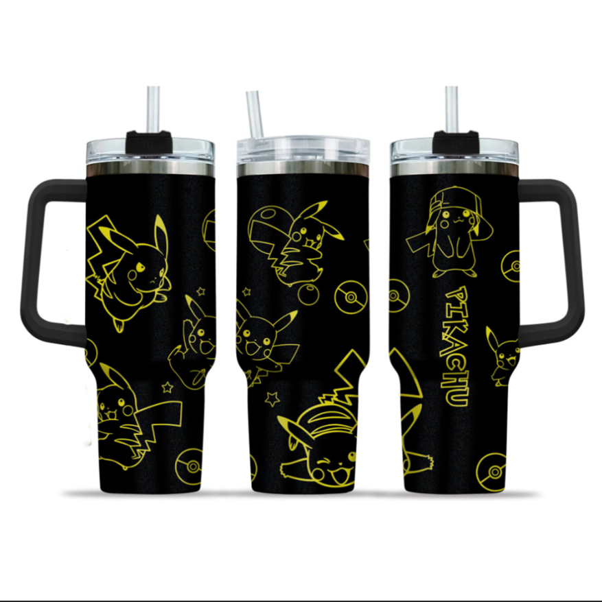 [HIKISTREET] Pikachu Pokemon 40oz Tumbler with Handle and Straw, Stainless Steel Vacuum Insulated Cup, Pocket Monster Design, Anime Merch, Anime Tumbler