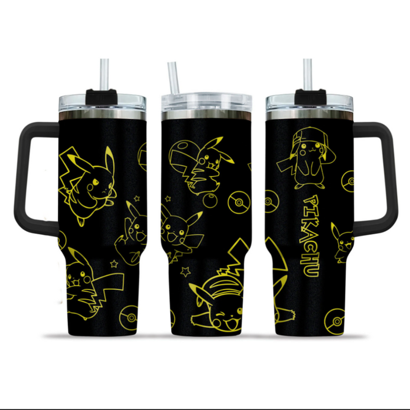[HIKISTREET] Pikachu Pokemon 40oz Tumbler with Handle and Straw, Stainless Steel Vacuum Insulated Cup, Pocket Monster Design, Anime Merch, Anime Tumbler