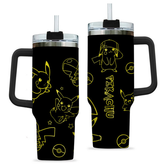 [HIKISTREET] Pikachu Pokemon 40oz Tumbler with Handle and Straw, Stainless Steel Vacuum Insulated Cup, Pocket Monster Design, Anime Merch, Anime Tumbler