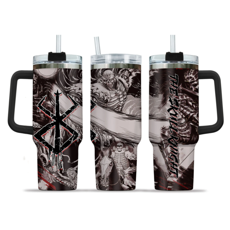 [HIKISTREET] Skull Knight Berserk 40oz Tumbler with Handle and Straw, Stainless Steel Vacuum Insulated Cup, Berserk Design, Anime Merch, Anime Tumbler