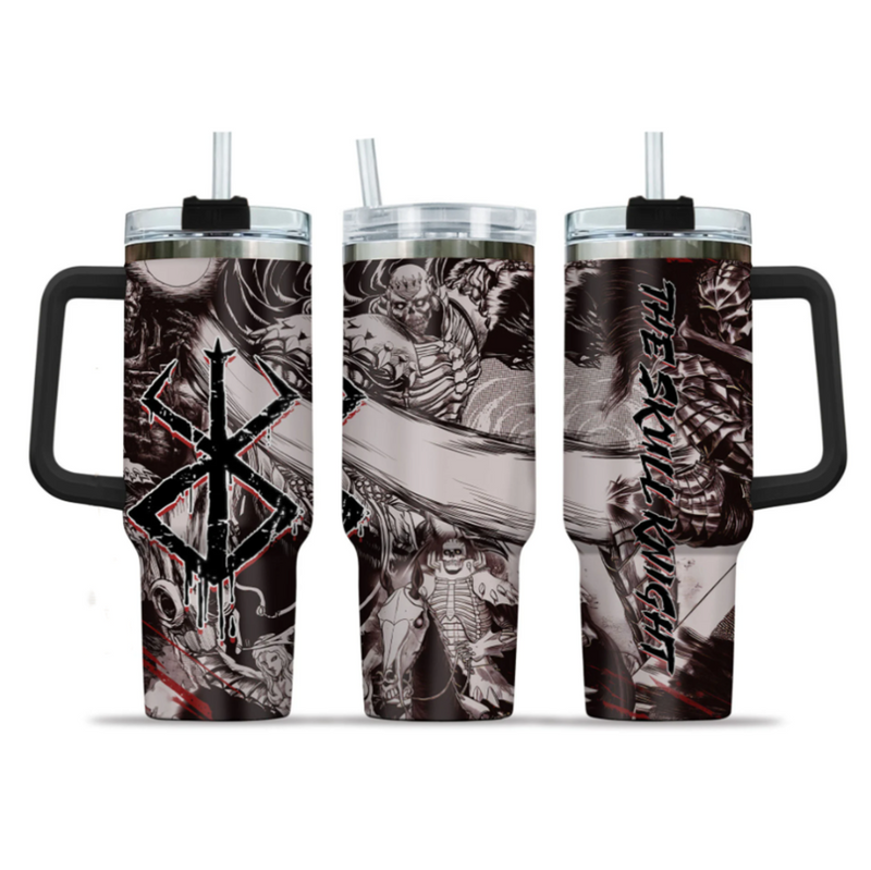 [HIKISTREET] Skull Knight Berserk 40oz Tumbler with Handle and Straw, Stainless Steel Vacuum Insulated Cup, Berserk Design, Anime Merch, Anime Tumbler