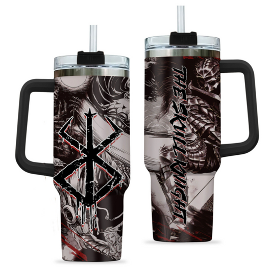 [HIKISTREET] Skull Knight Berserk 40oz Tumbler with Handle and Straw, Stainless Steel Vacuum Insulated Cup, Berserk Design, Anime Merch, Anime Tumbler