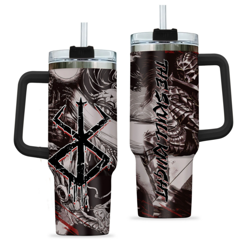 [HIKISTREET] Skull Knight Berserk 40oz Tumbler with Handle and Straw, Stainless Steel Vacuum Insulated Cup, Berserk Design, Anime Merch, Anime Tumbler
