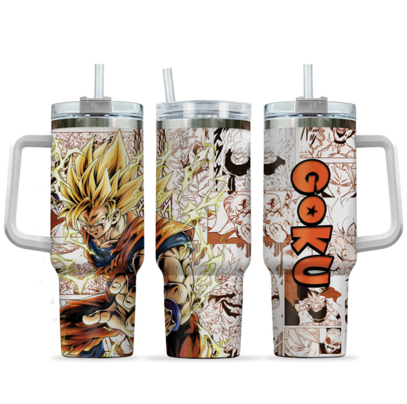 [HIKISTREET] Goku Super Saiyan 2 Dragon Ball 40oz Tumbler with Handle and Straw, Stainless Steel Vacuum Insulated Cup, Dragon Ball Design, Anime Merch, Anime Tumbler