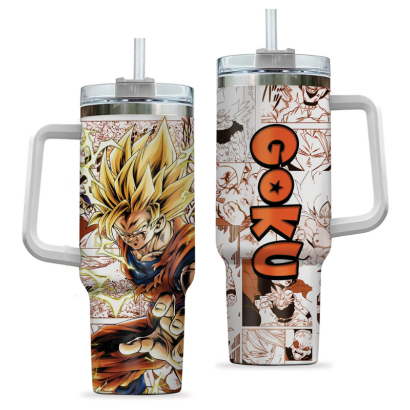 [HIKISTREET] Goku Super Saiyan 2 Dragon Ball 40oz Tumbler with Handle and Straw, Stainless Steel Vacuum Insulated Cup, Dragon Ball Design, Anime Merch, Anime Tumbler