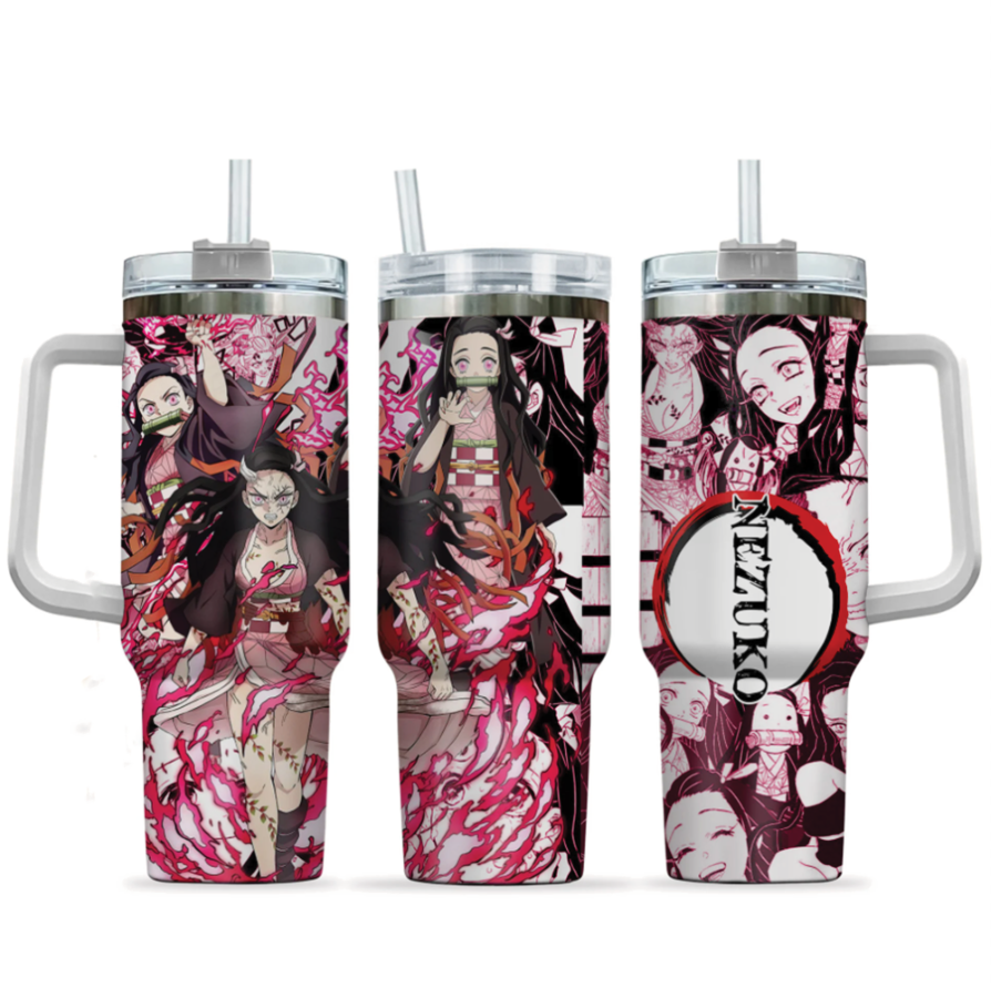 [HIKISTREET] Nezuko Kamado Demon Slayer 40oz Tumbler with Handle and Straw, Stainless Steel Vacuum Insulated Cup, Demon Slayer Design, Anime Merch, Anime Tumbler