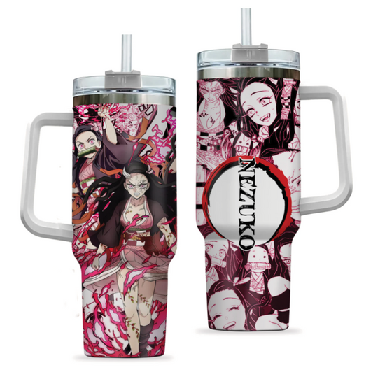 [HIKISTREET] Nezuko Kamado Demon Slayer 40oz Tumbler with Handle and Straw, Stainless Steel Vacuum Insulated Cup, Demon Slayer Design, Anime Merch, Anime Tumbler
