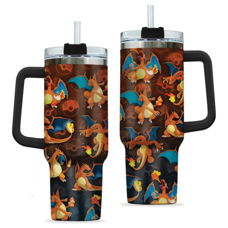 [HIKISTREET] Charizard Pokemon 40oz Tumbler with Handle and Straw, Stainless Steel Vacuum Insulated Cup, Pocket Monster Design, Anime Merch, Anime Tumbler
