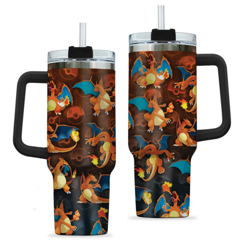 [HIKISTREET] Charizard Pokemon 40oz Tumbler with Handle and Straw, Stainless Steel Vacuum Insulated Cup, Pocket Monster Design, Anime Merch, Anime Tumbler